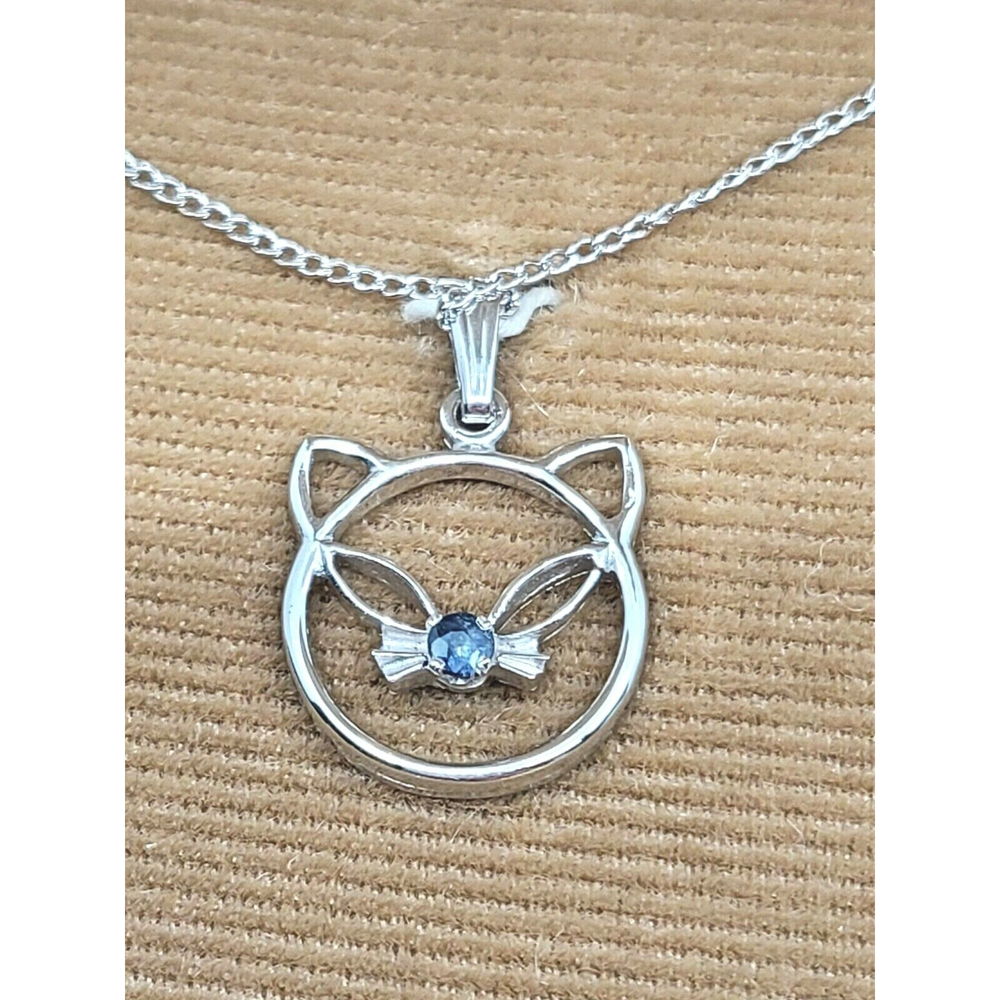Vintage 925 Sterling Silver Cat Head Pendant Necklace with Sapphire Original